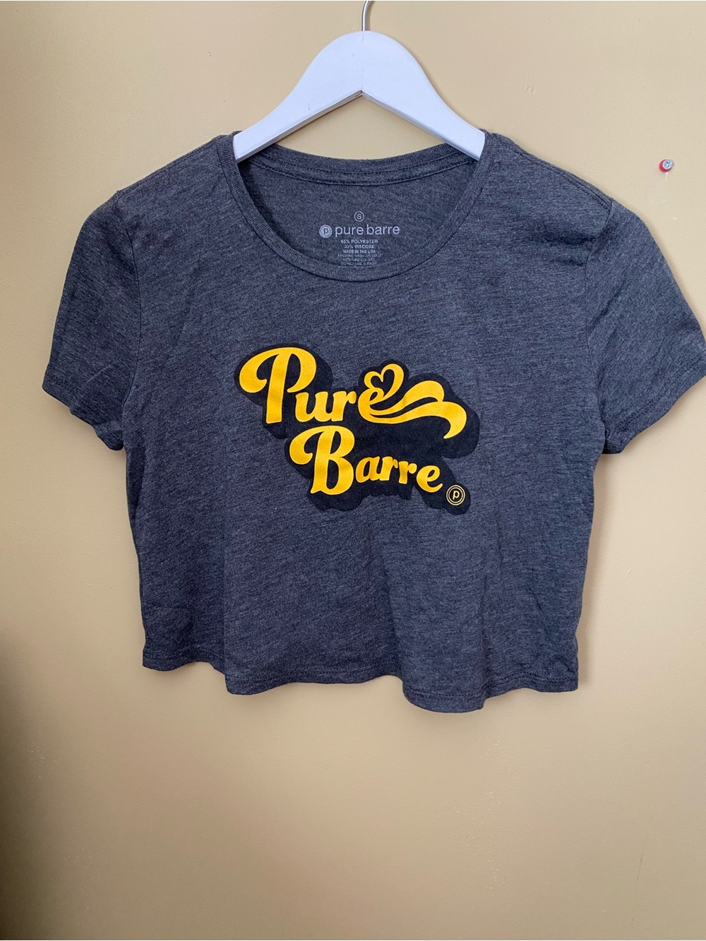 Pure Barre Charcoal Cropped Tee with Bright Yellow Logo, Size Small